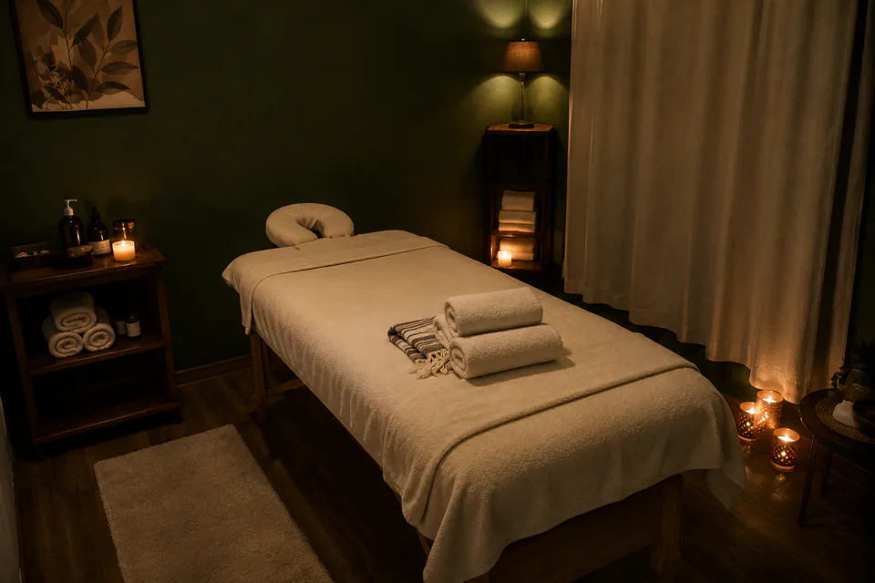 Elena — masaj odası, sıcak havlular ve mumlar